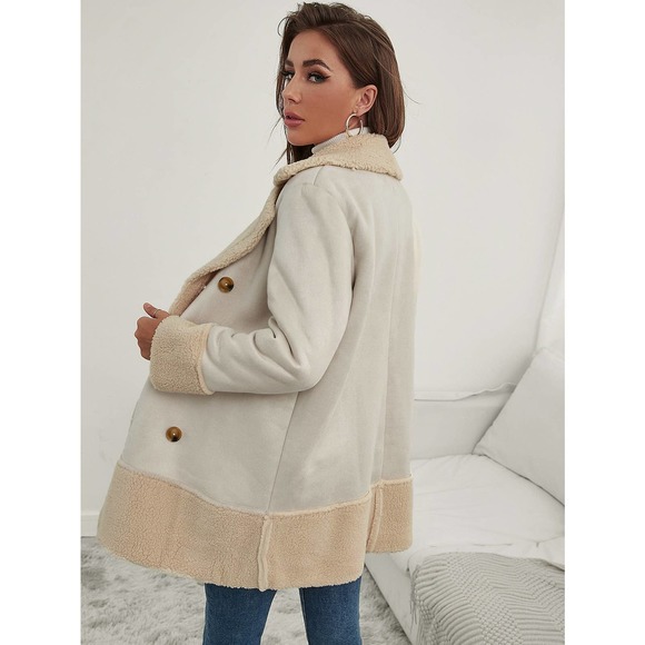 Shearling Teddy Lined Double Breasted pea Coat cream - Picture 2 of 8